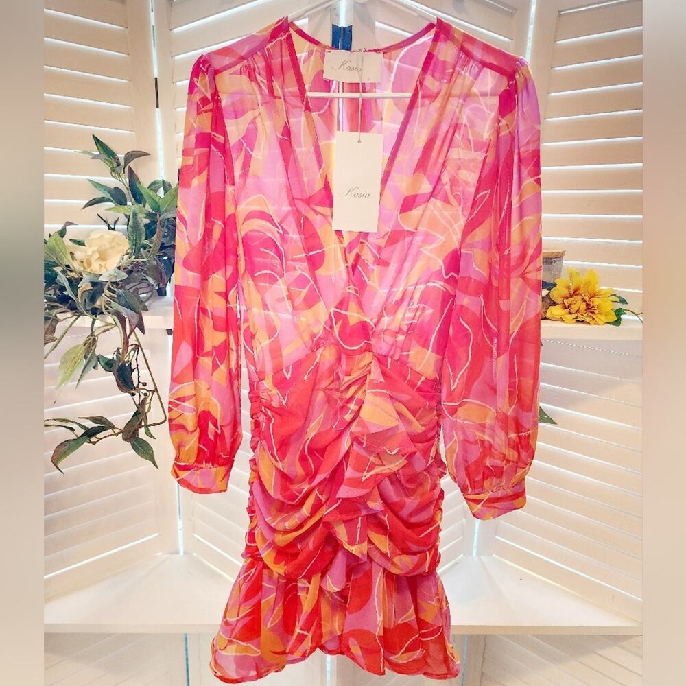 KASIA ROUCHED LAYERED MINI MULTI COLOR DRESS SIZE SMALL RETAIL $238